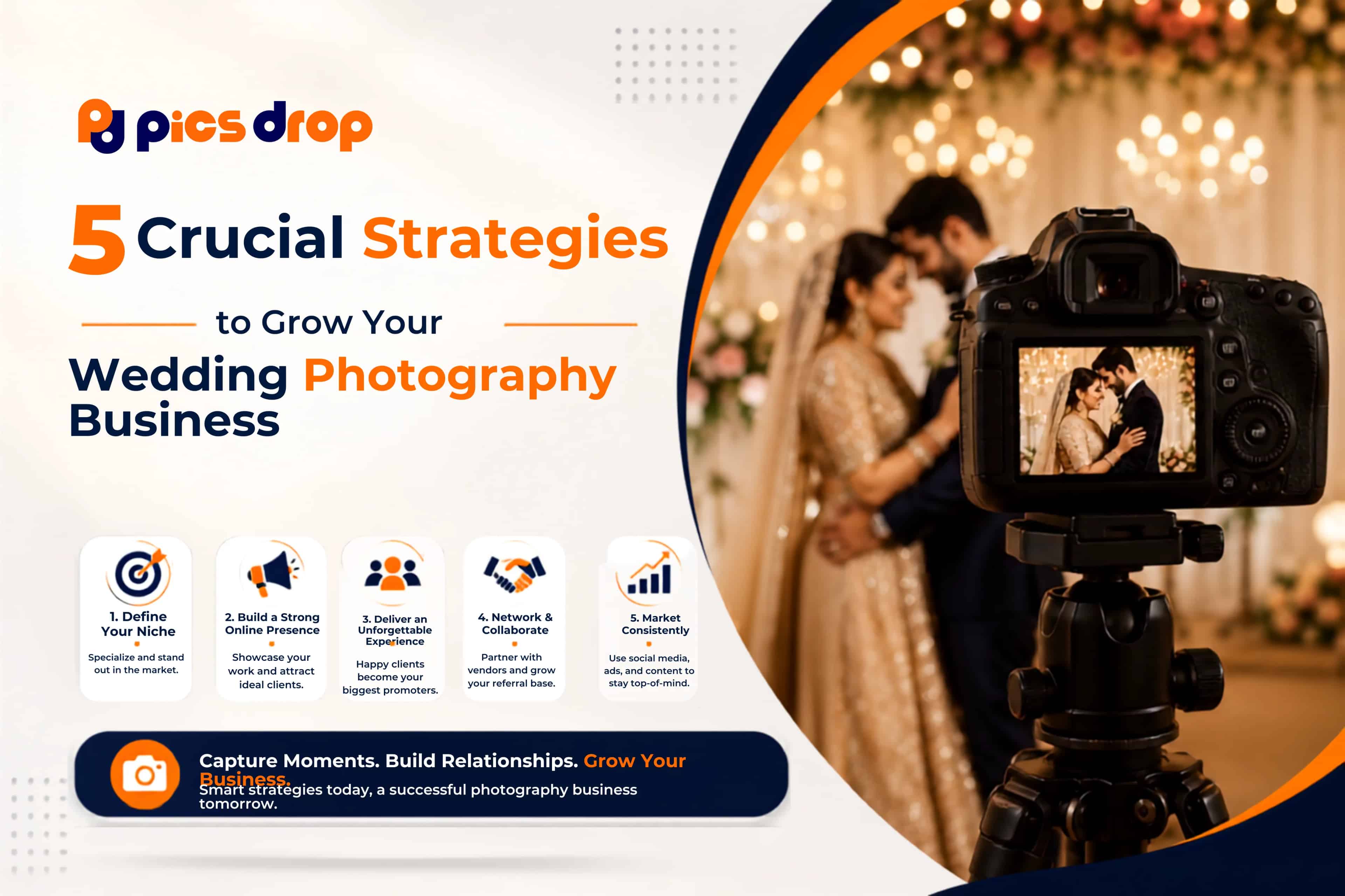 PicsDrop Blog cover: 5 Crucial Strategies to Grow Your Wedding Photography Business