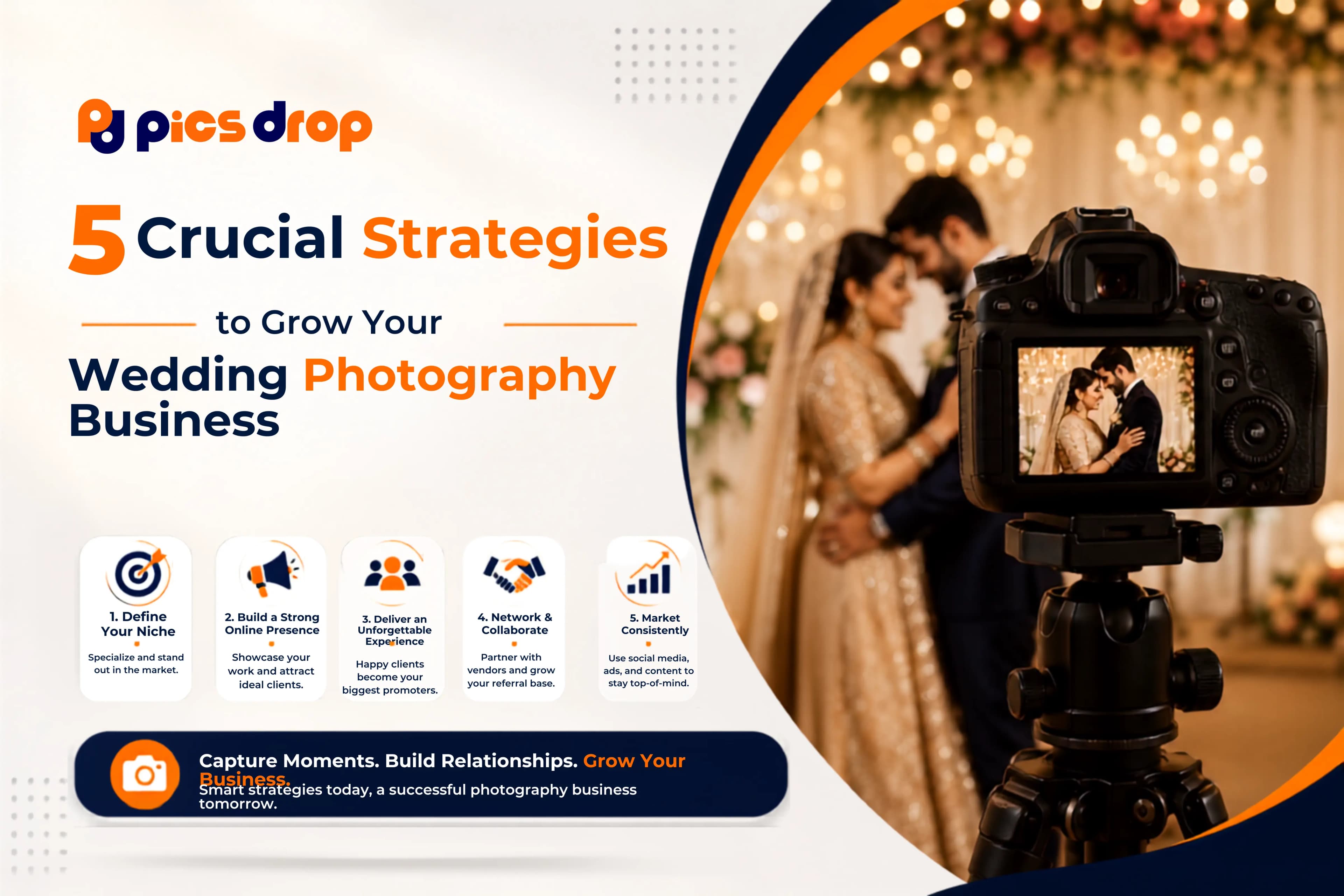 PicsDrop Blog cover: 5 Crucial Strategies to Grow Your Wedding Photography Business